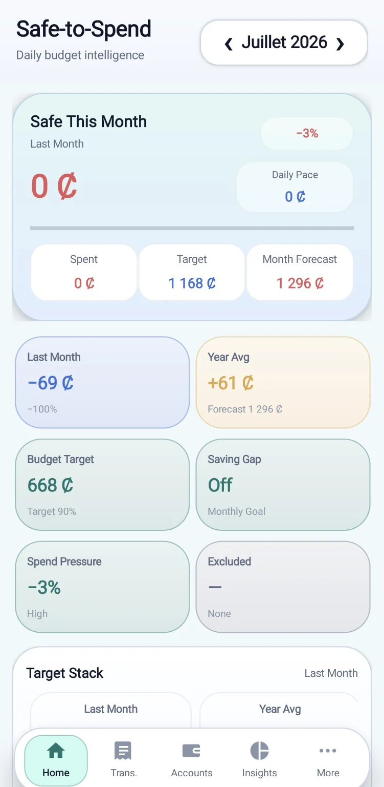 First screen from Safe-to-Spend
